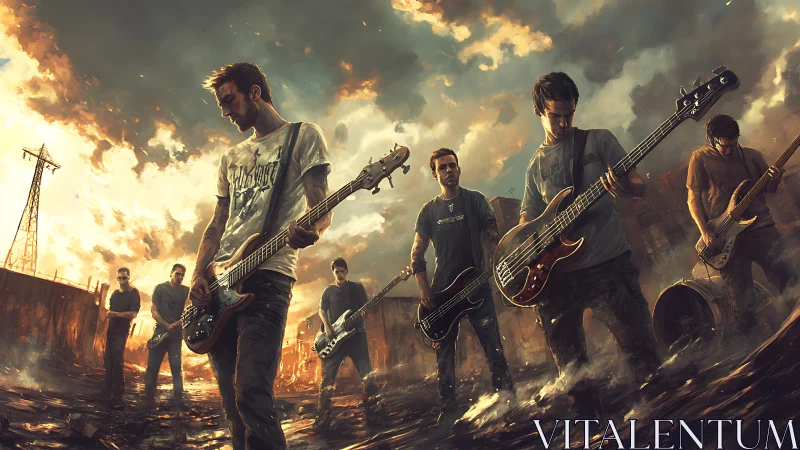 Post-apocalyptic rock band stands defiant under burning skies