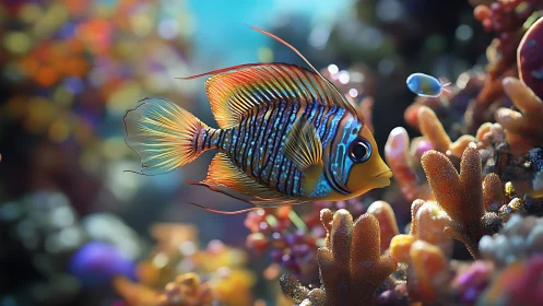 Vibrant reef fish gliding above coral garden seascape.