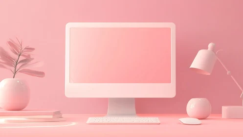 Soft pink workspace glows with a modern minimalist computer