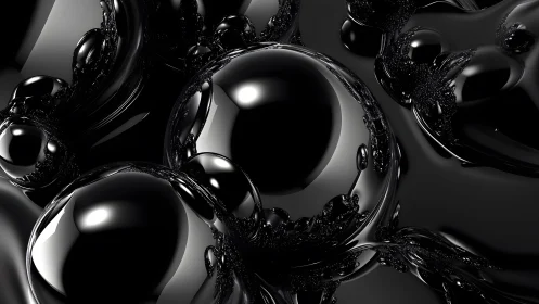 Liquid black chrome spheres with high-gloss reflections.