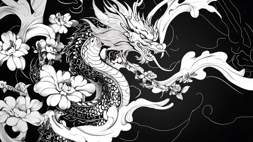 Floral storm dragon curls through monochrome midnight garden.