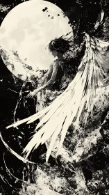 Lunar backlit winged silhouette in high‑contrast monochrome ink.