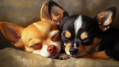 Twin chihuahuas sleep in close-up with painterly fur detail