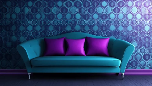 Teal sofa anchors vibrant purple retro geometric interior.