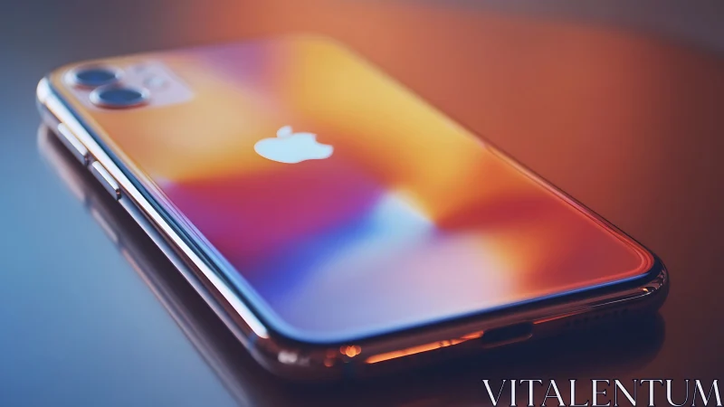 iPhone displaying gradient interface with dual-camera system in studio lighting.