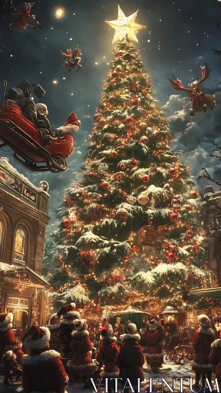 Starlit town square crowned by a towering enchanted Christmas tree.