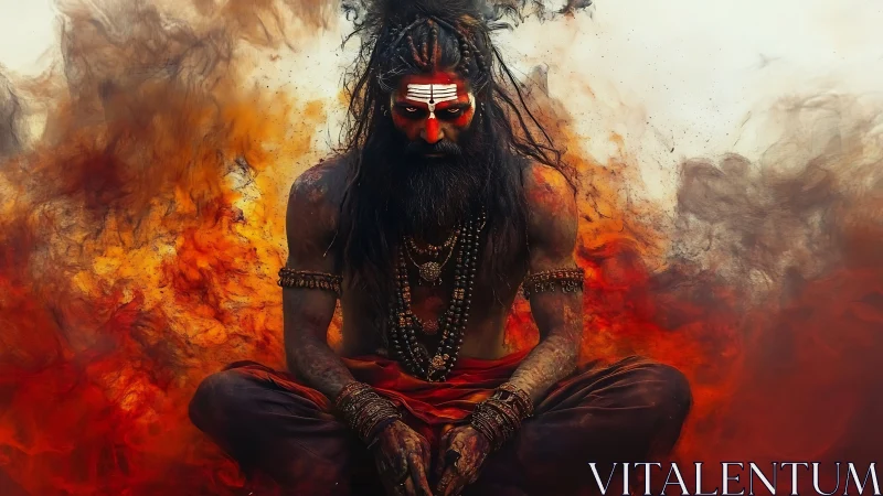 Fiery mystic meditates within swirling smoke and embers.