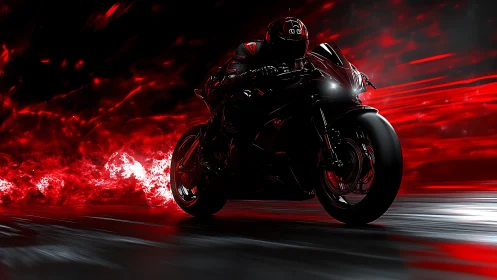 Cyber-noir superbike accelerates through red light trails at speed