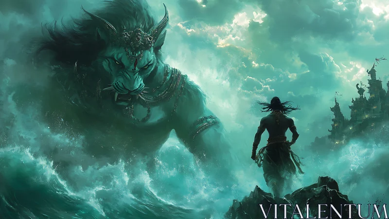 Warrior confronting colossal oceanic lion deity in storm