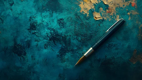 Elegant fountain pen on textured teal and gold artistic background.