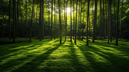 Vertical timber structure through radiating luminescence patterns.