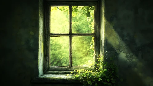 Weathered window frames glowing green garden view.