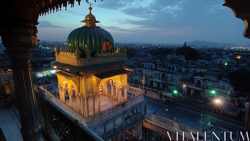 Golden shrine dome glows above historic city at dusk.