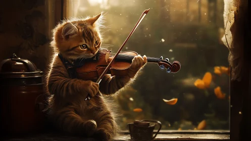 Kitten plays violin by window in warm autumn backlight