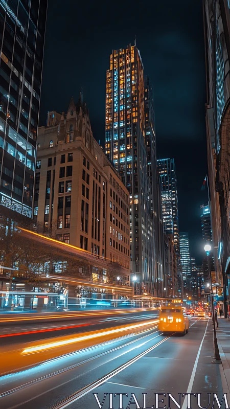 Long exposure captures urban light trails under illuminated high-rises