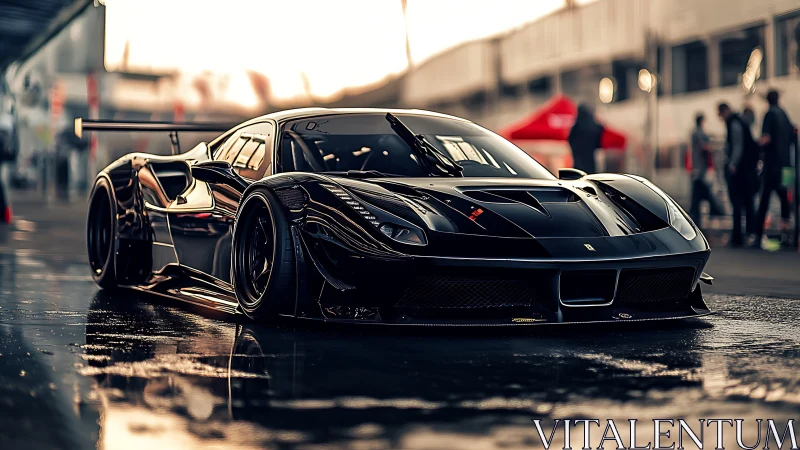 Midnight track predator prowls through slick pit lane light.