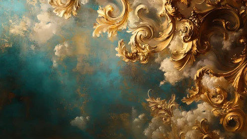 Ornate golden scrollwork against blue clouded background.