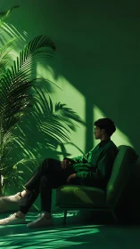 Man in green room sits by palm shadows in dramatic light