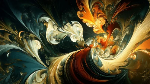 Fractal flame vortex with swirling gold and teal plumes.