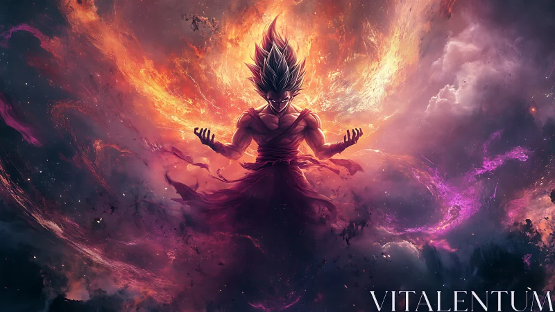 Celestial warrior channels cosmic flames in stormy void.