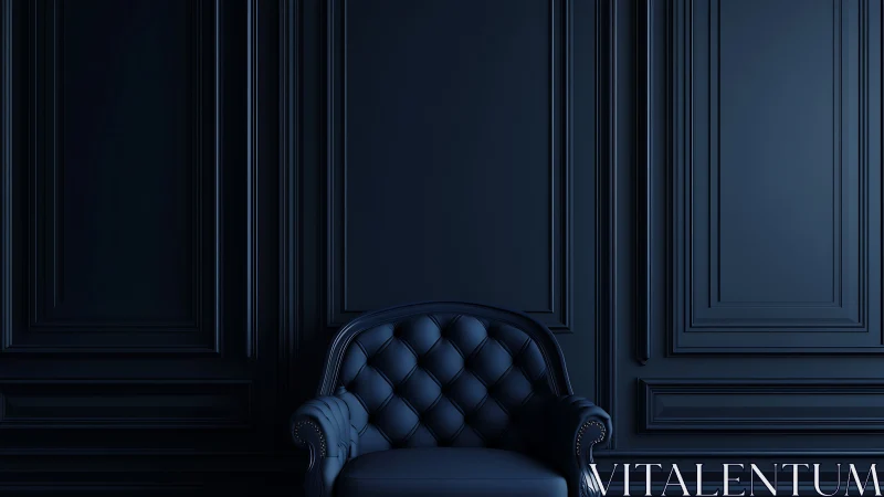 Monochrome tufted armchair in neoclassical panelled interior.