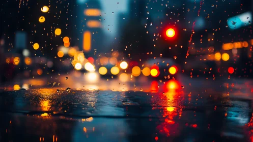 Urban rain-soaked window with shallow depth and dense bokeh field