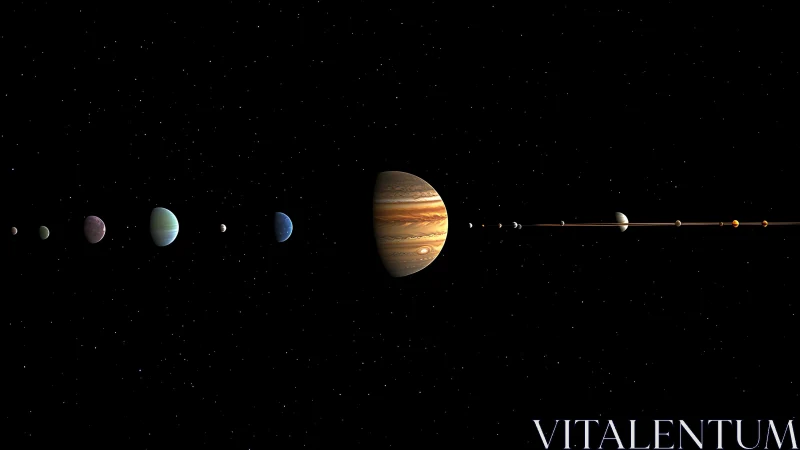Solar system alignment with scaled planetary textures in space.