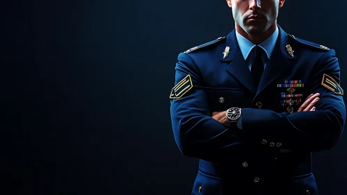 Officer in dress uniform stands in dramatic studio light