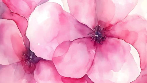 Pink Watercolor Flowers with Dark Stamens.