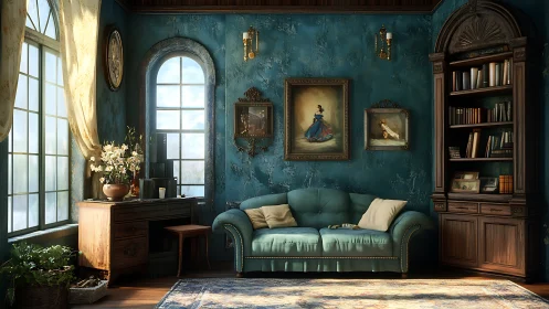 Vintage living room interior shows teal walls and sofa