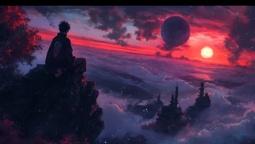 Solitary anime figure surveys twin orbs above ethereal cloudscape