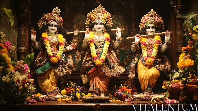Intricately adorned Krishna deities with floral garlands in shrine