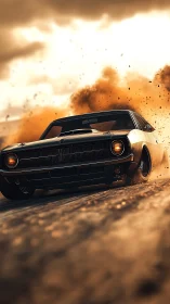 Classic muscle car drifting on dirt track with dust cloud.