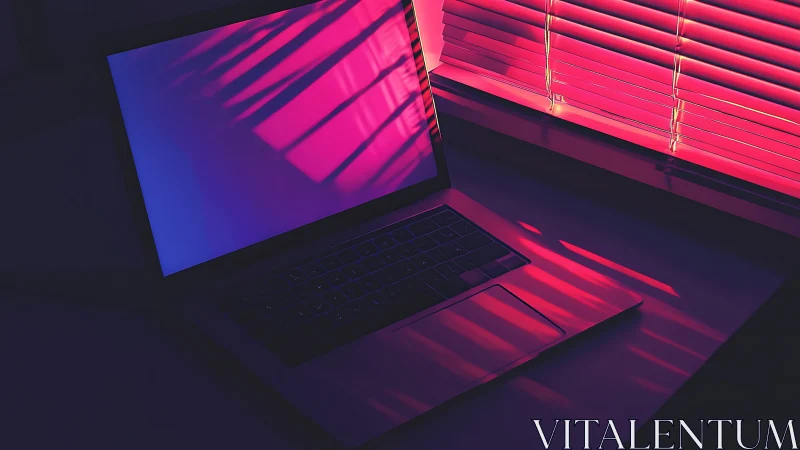 Laptop on desk under pink window blinds light pattern.