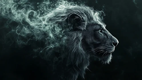 Ethereal lion profile with smoke-diffused mane on black field.