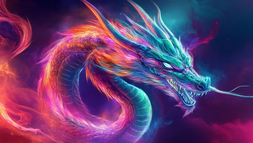Radiant cosmic dragon swirling through neon colored flames.