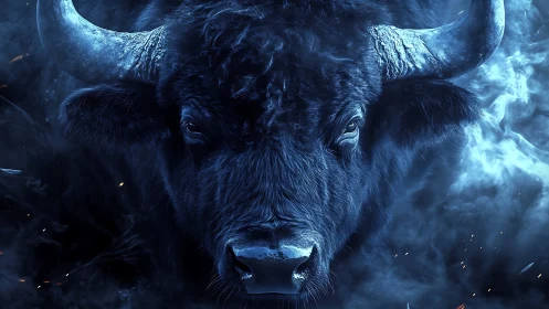 Nocturnal bison head in blue atmospheric particulate haze.