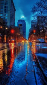 Rain slick city street with neon reflections at dusk.