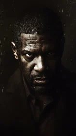 Moody low-key portrait isolates intense male face in rain