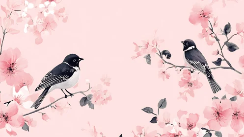Black Birds Among Pink Blossoms in Serene Floral Garden