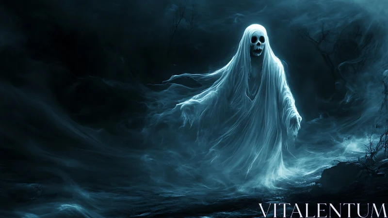 Gentle ghost drifts through a misty midnight forest path.