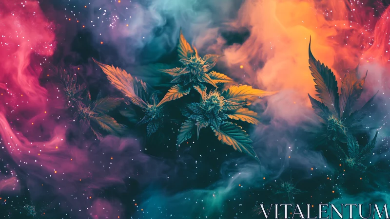 Cannabis inflorescences float in chromatic nebula haze