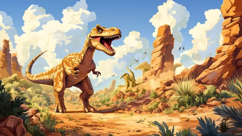 Sunny desert dinosaurs roaming under playful clouds.