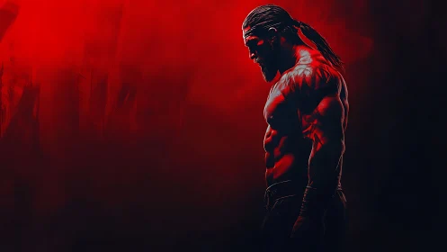 Muscular warrior profile in red volumetric shadow field.