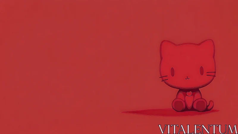 Monochrome red cartoon kitten mascot with minimalist layout.