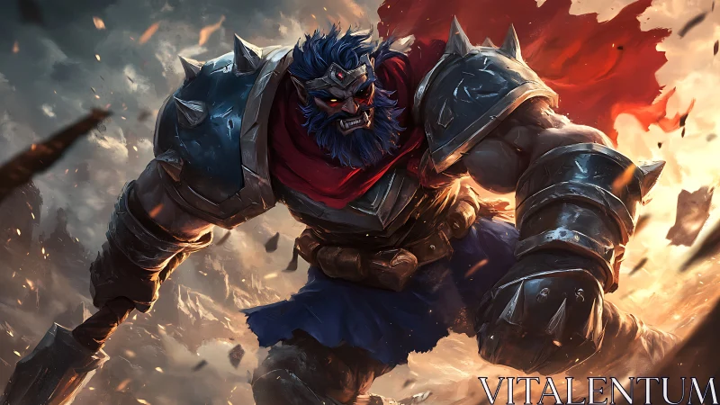 Battle-scarred blue warrior charges forward through fire and grit