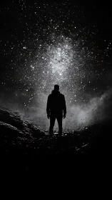 Silhouetted human figure under dense galactic starfield sky