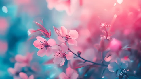 Soft-focus cherry blossoms with bokeh rendering in teal-rose gradient.