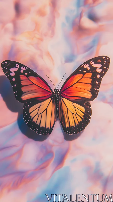 Monarch butterfly rendered over iridescent pastel abstract field