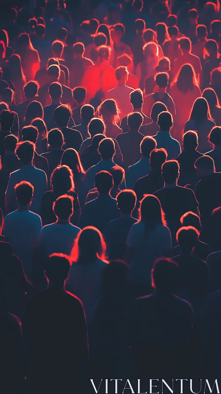 Backlit crowd silhouettes in vivid neon red and blue glow.